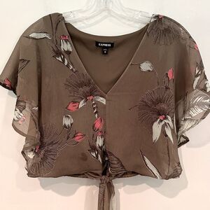 Express Tie Front Crop Blouse Women's XS Olive Green‎ Flutter Sleeve Lined
